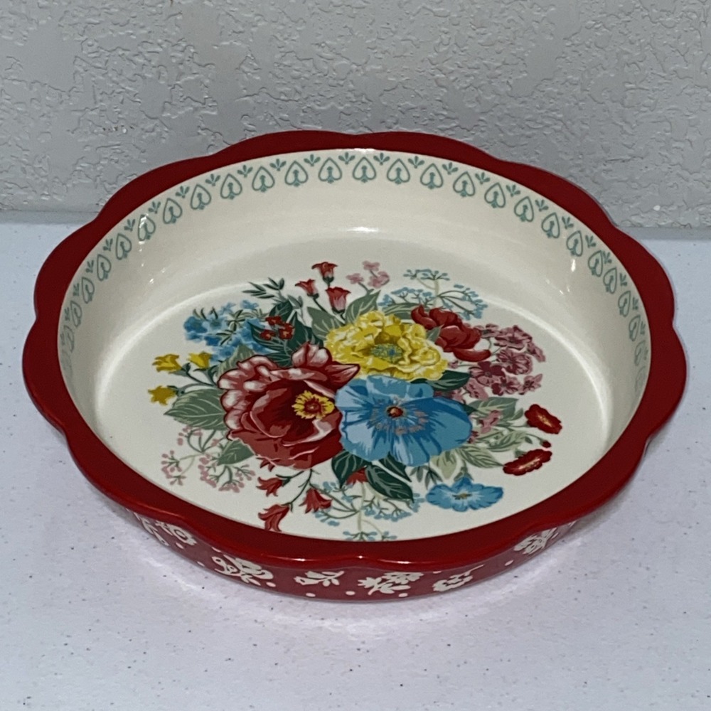 Pioneer Woman Sweet Rose Red Floral Pie Plate Pan 10" Round Ceramic Baking Dish